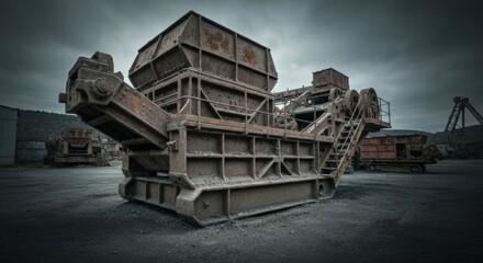 Fototapeta premium The brutalist and rustic aesthetic of a giant, aging metal crushing machine from a forgotten industrial era