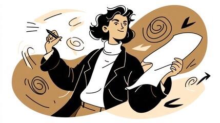 A focused individual with curly dark hair and a black jacket writes on a large paper,