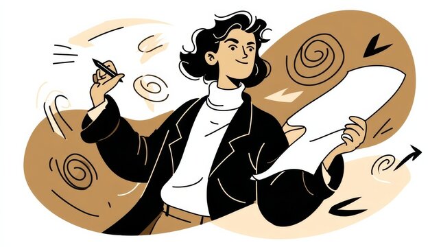 A focused individual with curly dark hair and a black jacket writes on a large paper,