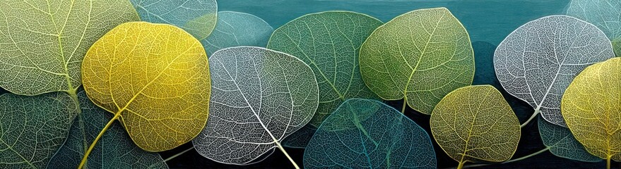 A serene background of translucent leaves in shades of yellow, green, blue, and gray, overlaying for a soothing, nature-inspired visual