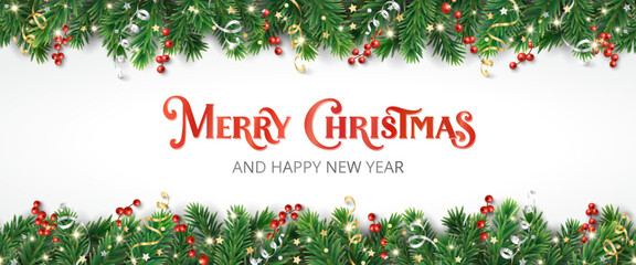 Christmas holiday background. Christmas tree frame with holly berry, ribbons. Christmas decoration. Merry Christmas hand written text. For holiday headers, banners, party posters.