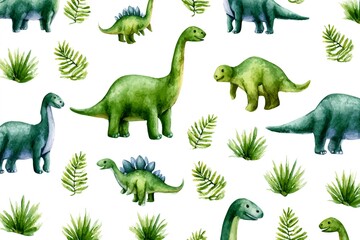Fototapeta premium Watercolor seamless pattern with green dinosaurs and tropical plants