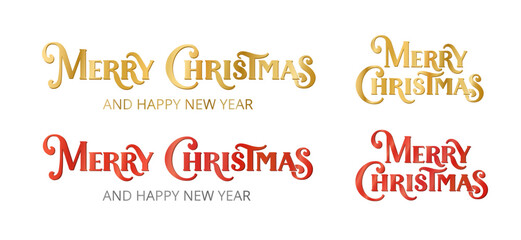 Set of Merry Christmas and Happy New Year lettering in gold and red colors with swirl elements. Great for holiday greeting cards, posters, banners, invitations. Transparent background in vector file.