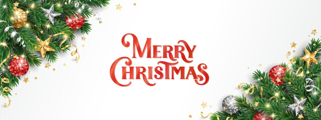 Christmas holiday background. Christmas tree frame with ornaments, stars. Gold and red glitter Christmas corner decoration. Merry Christmas hand written text. For winter holiday headers, banners, part