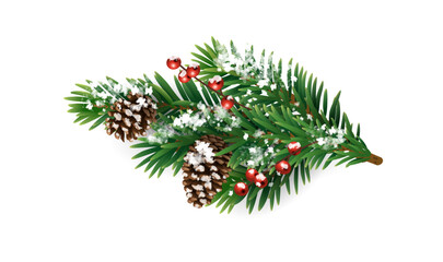 Snowy Christmas tree branch with pine cones, and holly berries. Frosty festive design for winter celebration banners, cards, invitations, and seasonal posters. Transparent background in vector file.