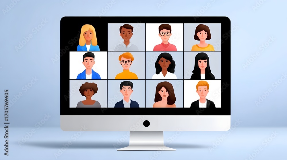 Poster a digital video call interface displaying headshots of a diverse group of people engaged in a remote