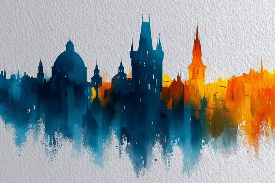 Abstract watercolor cityscape with blurred towers and arches, dissolving into washes of color, vintage illustration style on white background