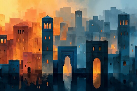 Abstract watercolor cityscape with blurred towers and arches, dissolving into washes of color, vintage illustration style on white background