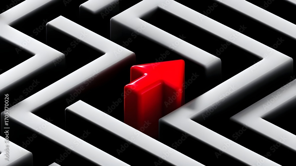 Aufkleber a striking black and white geometric maze with a bold red path leading to the solution, symbolizing 