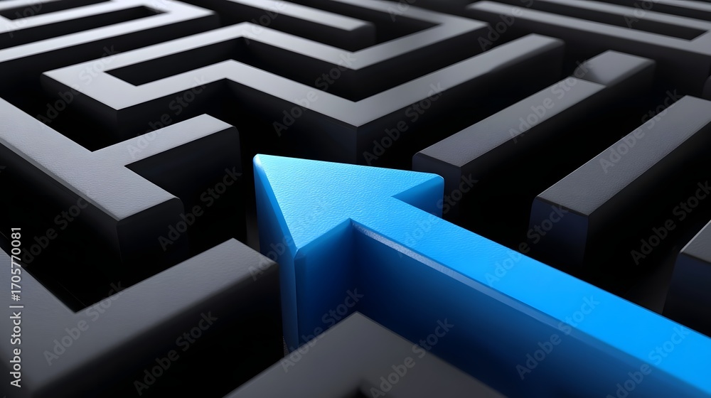 Poster a blue arrow-shaped pointer navigating through a complex black and white maze, symbolizing the proce