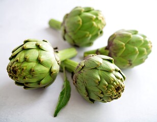 Obraz premium Fresh artichokes arranged on a light surface