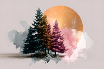 Colorful pine trees and big sun with watercolor strokes creating a dreamlike landscape
