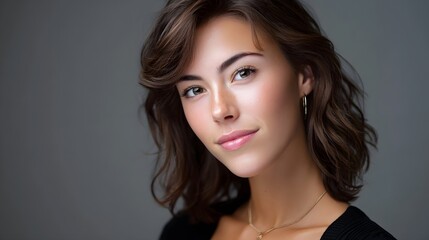 Fototapeta premium Close-up portrait of a serious and thoughtful young brunette woman with an intense, emotive expression against a dark, minimal background