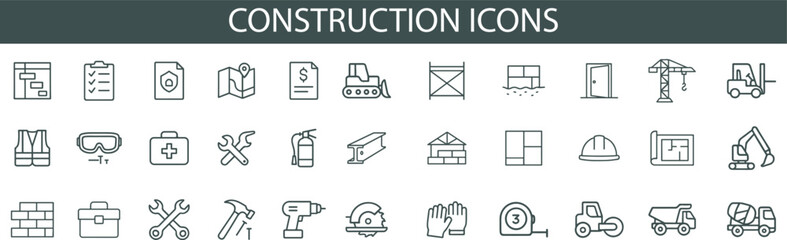 Construction Icon Set for Building Tools, Safety Equipment, and Infrastructure UI Design