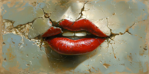 Red Lips Emerging Through Cracked Painted Surface – Conceptual Beauty and Decay Symbolic Artwork