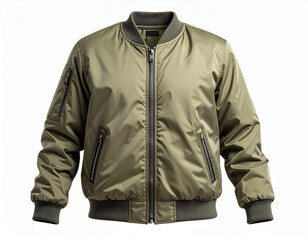 Classic olive green bomber jacket with zipper and ribbed cuffs, Stylish and versatile bomber jacket in a muted olive hue for everyday wear