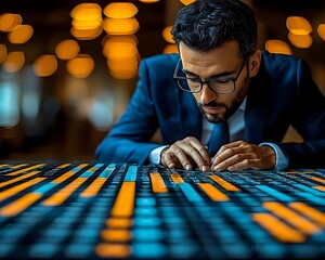 A businessman in a suit intently analyzing a digital financial dashboard