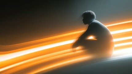A solitary silhouette sits in contemplative pose against vibrant orange light streaks,
