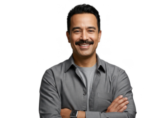 Man with mustache and crossed arms isolated on transparent background