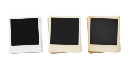 Collection of three blank instant photo frames isolated on transparent background
