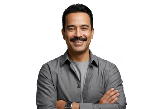 Man with mustache and crossed arms isolated on transparent background