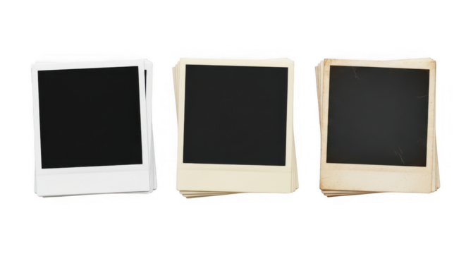 Collection of three blank instant photo frames isolated on transparent background