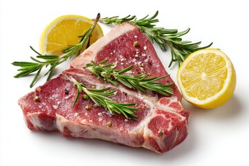 Raw T-bone steak, seasoned with herbs and lemon slices, on a white background