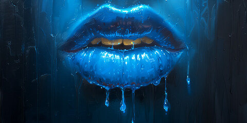 Cracked Blue Lips Emerging from Painted Surface – Minimal Surreal Portrait of Mouth with Textured Background