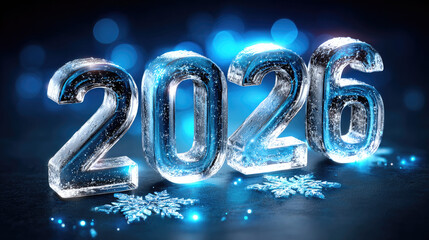 Intricate ice sculpture of numeric 2026 resting on frosted surface, sparkling with snowflakes and glowing lights, embodying winter holiday magic