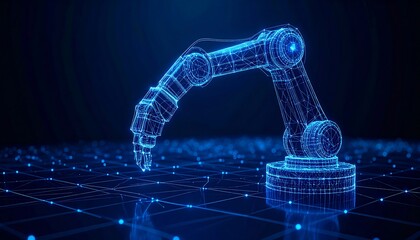 Abstract robotic arm, wireframe style, digital network
