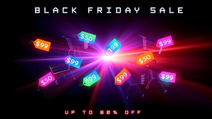 Bright neon black friday sale with discounts up to 50 percent off