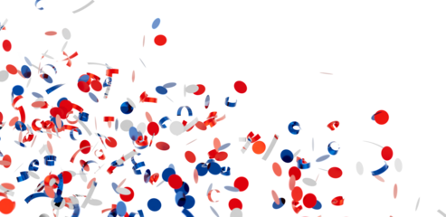 Falling confetti, red, white, and blue circles and ribbons. Perfect for patriotic events or celebrations.