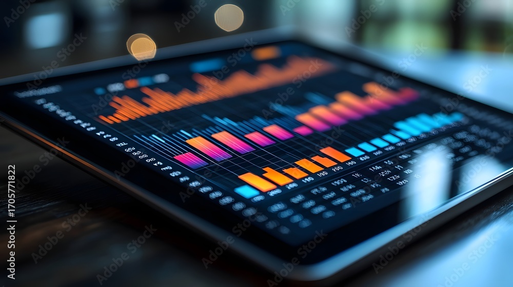 Poster digital tablet displaying colorful financial analytics graphs representing business growth and data 