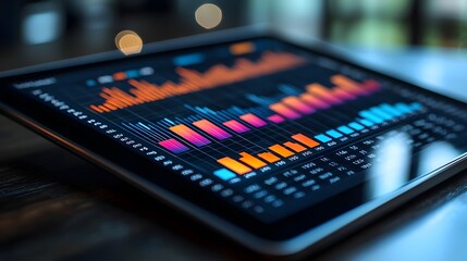 Digital tablet displaying colorful financial analytics graphs representing business growth and data visualization