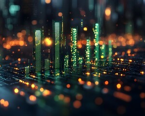 Futuristic digital cityscape with glowing green bar charts representing financial data and growth