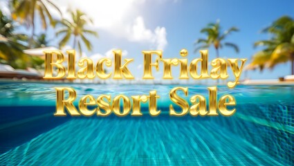 Golden black friday resort sale text overlay on tropical beach scene