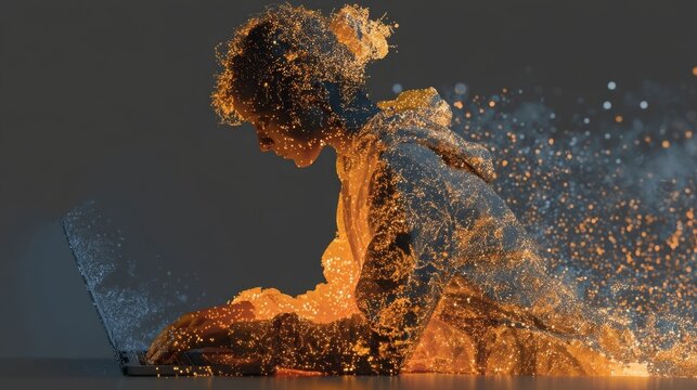 A glowing silhouette of a person composed of vibrant orange and gold particles,