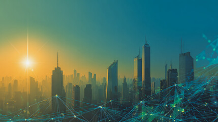 Fototapeta premium Sunshine in the Smart digital Innovation city with connection network reciprocity over the cityscape. of future smart wireless digital city and social media networking systems that connects