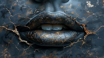Cracked Black Lips with Golden Veins – Mysterious Dark Beauty Concept for Halloween or Fantasy Design
