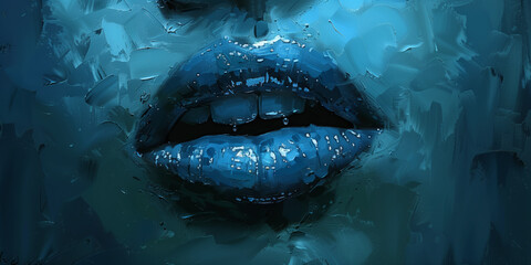 Cracked Blue Lips Emerging from Painted Surface – Minimal Surreal Portrait of Mouth with Textured Background