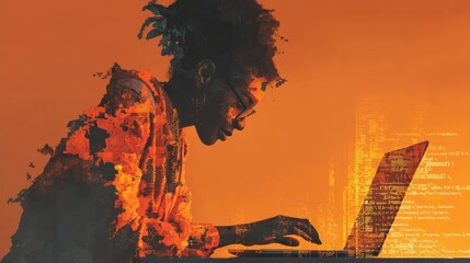 A digital artwork of a software developer working on computer code programming with floating digital algorithms around t