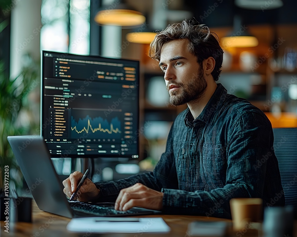 Poster professional analyzing financial market graphs and data on a laptop and computer screen