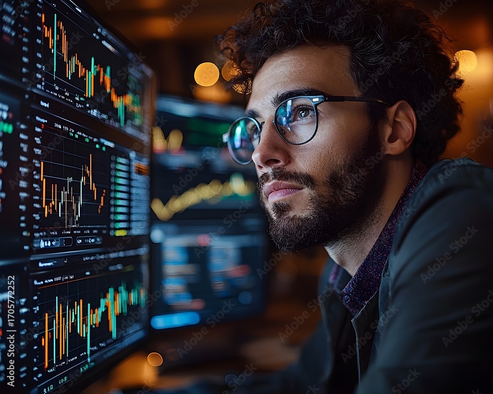 Poster focused man in glasses analyzing market graphs on multiple computer screens in a dark office