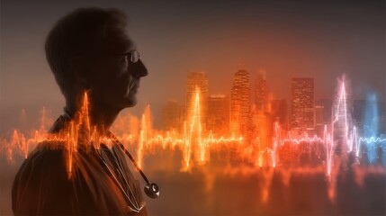 A medical professional in attire with a stethoscope stands against a city skyline at dusk,