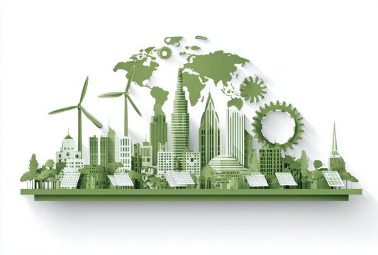 Green city with wind turbines and solar panels on white background, vector illustration of urban green technology