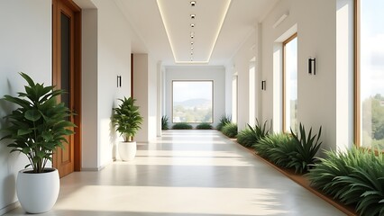 Fototapeta premium Bright and airy interior hallway with large windows, potted plants, and modern lighting for a spacious and welcoming ambiance