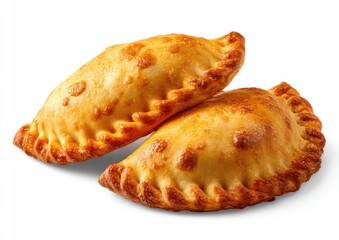 Two golden-brown empanadas, nestled together, with a flaky, crimped crust
