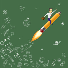 Businessman with briefcase in hand flying on rocket pencil. Vector illustration