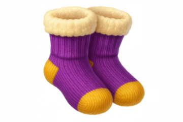 Soft purple knitted socks with golden accents, featuring plush fur lining, warming feet during chilly winter moments