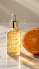 Luxury Vitamin C Serum Bottle with Orange Slice,  Elegant Gold Accents,  Illuminated Marble Background,  Clean and Modern Aesthetic,  Spa-like Ambiance,  Product Photography.